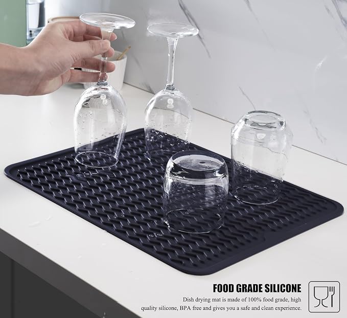 Silicone Dish Drying Mat, Non-Slip Easy Clean Sink Mat, Dark Blue, 14"x11" | Quick-Dry Ridges, Large Heat-resistant Dish Drainer Mat for Kitchen Counter, Hangable & Roll-Up for Storage, Dishwasher Safe