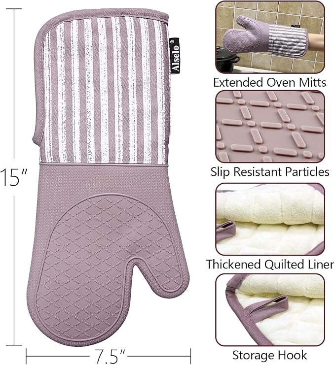 Alselo Silicone Oven Mitts Heat Resistant 932℉ with Waterproof & Non-Slip | Kitchen Mittens Set of 2,Extra Long 7.5"x15" Gloves with Soft Cotton Terry Lining for Baking Cooking BBQ(Purple,2)