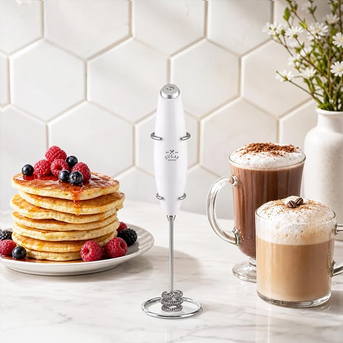 Zulay Kitchen Powerful Milk Frother Wand With Duracell Batteries - Ultra Fast Handheld Drink Mixer - Electric Whisk Foam Maker for Coffee, Lattes, Cappuccino & Matcha - Triple Whisk - Luna White