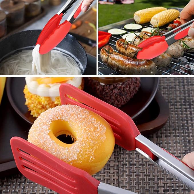 7 inch Small Serving Tongs with Silicone Tips 3 Pack(Red) | Stainless Steel Handle, Non-Scratch, Heat Resistant