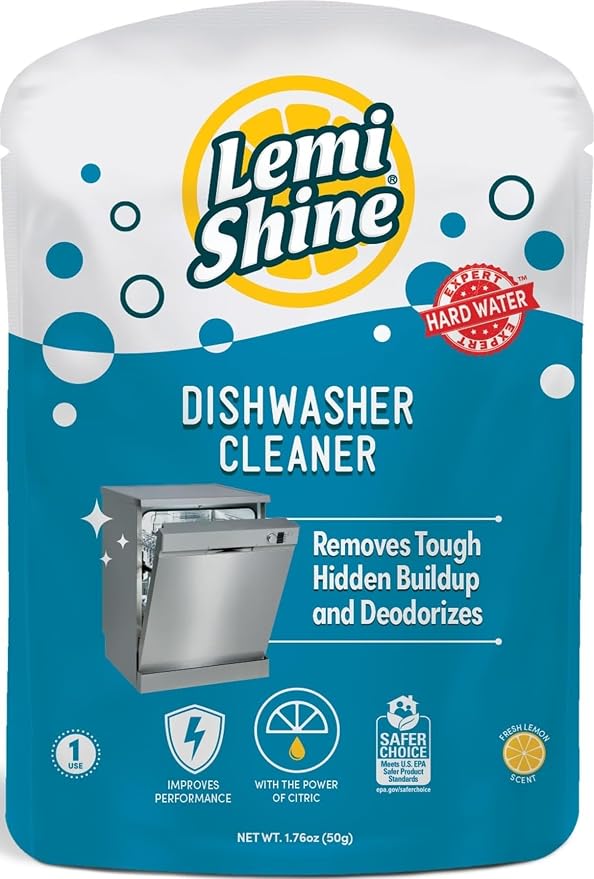 Lemi Shine Natural Dishwasher Cleaner and Deodorizer - 1.76 oz | Hard Water Citric Acid Cleaning Powder - Lemon Scented Eco-Friendly Dishwasher Cleaner & Deodorizer