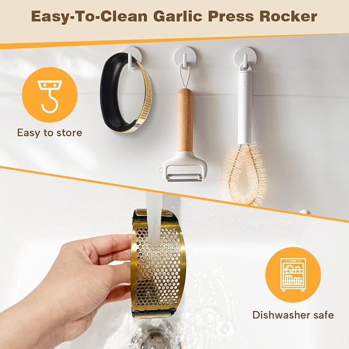 Cook Guy 304 Stainless Steel Garlic Press Rocker Set | Premium Garlic Mincer, Crusher, Peeler, and Scraper Tool for Effortless Mincing - Comfortable Grip Garlic Grinder (Gold)