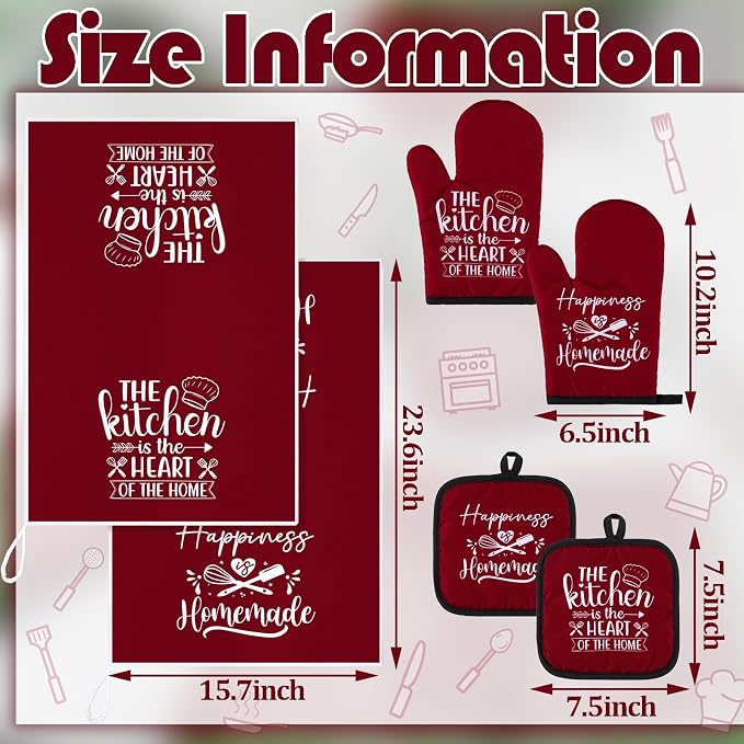 Sratte 6 Pcs Kitchen Decor Accessories Set, Kitchen, Wine Red | Farmhouse Kitchen Towels Pot Holders Oven Mitts Set 2 Dish Towels 2 Potholders 2 Cooking Mittens for Baking Cooking Supply