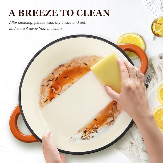 Overmont Enameled Cast Iron Dutch Oven - 7QT Pot with Lid Cookbook & Cotton Potholders - Heavy-Duty Cookware for Braising, Stews, Roasting, Sourdough Baking orange