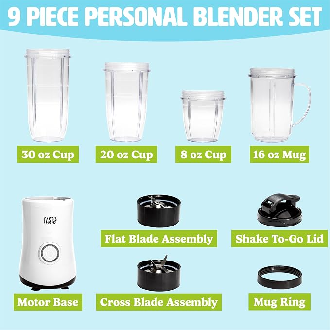 Tasty Personal Blender With Cups, 350W Powerful Blending Motor, 9-Piece Set With 4 Cups & Travel Lid, Compact & Portable, White
