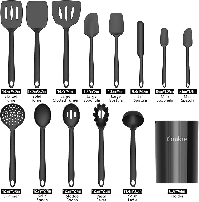 Coukre Silicone Kitchen Cooking Utensils Set, Heat Resistant, 14-Piece | Dishwasher-Safe, Food-Grade Silicone, BPA-Free, Spatulas, Spoons & Turner, Safe for Nonstick Cookware, Pure Black