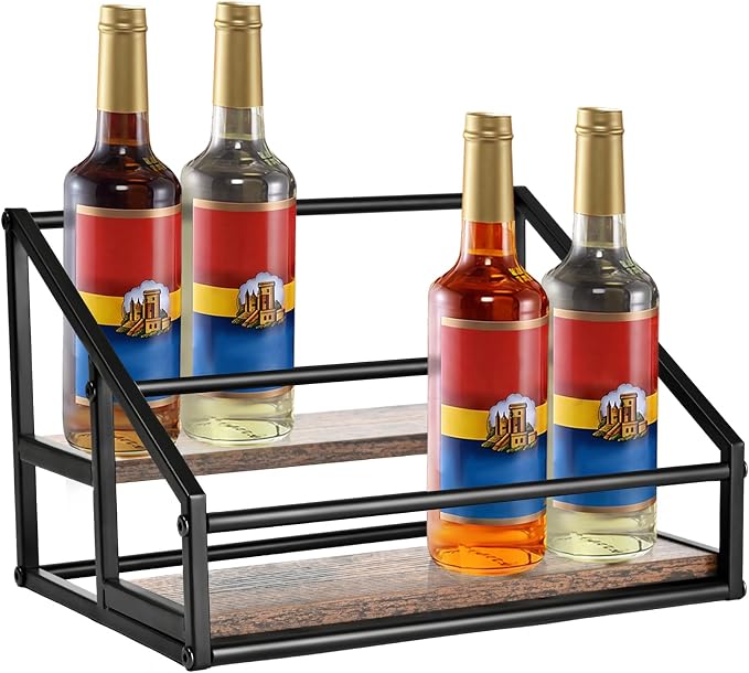 YQBRAO 2-Tier Coffee Syrup Organizer, 8-Bottle Rack, Rustic Brown | Holds up to 8 bottles in two raised rows for coffee bars, kitchens, counters, and beverage stations.