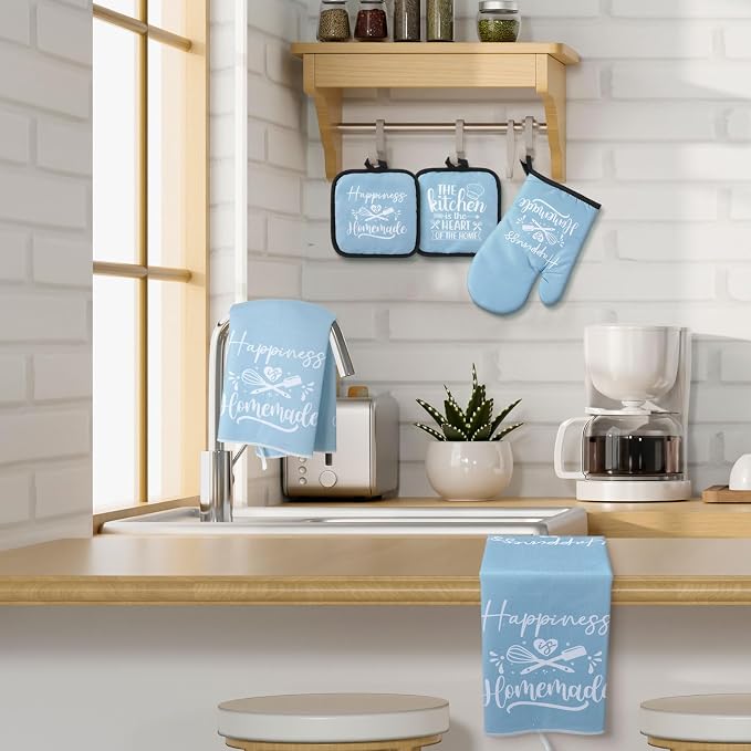 Sratte 6 Pcs Kitchen Decor Accessories Set, Kitchen, Light Blue | Farmhouse Kitchen Towels Pot Holders Oven Mitts Set 2 Dish Towels 2 Potholders 2 Cooking Mittens for Baking Cooking Supply