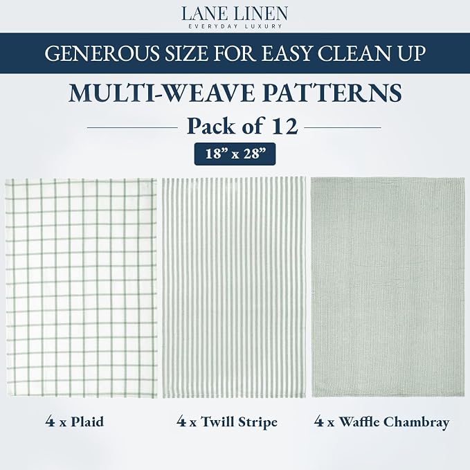 LANE LINEN Kitchen Towels Set - Pack of 12 Cotton Dish Towels for Drying Dishes, 18”x 28”, Premium Hand Towels, Tea Towel, Quick Drying Kitchen Towel Set - Olive