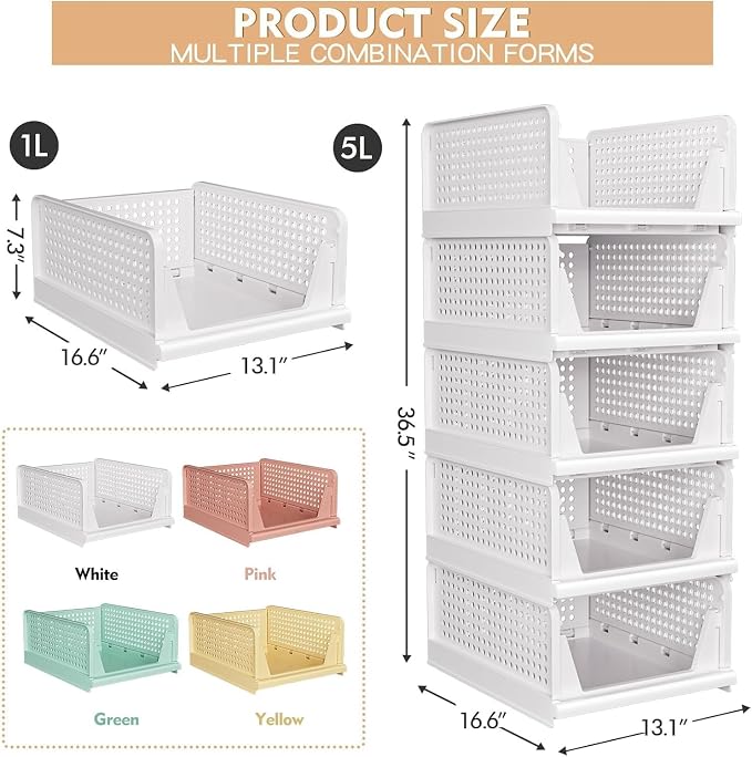 8 Pack Stackable Closet Storage Basket - Stackable Storage Bins | Multifunctional & Foldable Closet Organizer Waterproof, Wardrobe Cupboard Space-Saving Storage Drawer Organizer