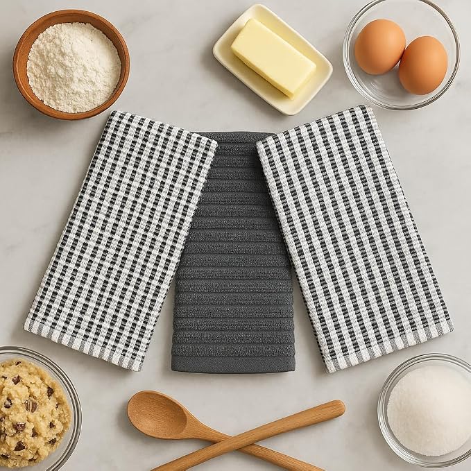 Thanksgiving Kitchen Towels- Set of 3 100% Cotton Solid Dark Gray and Checkerboard Grid Pattern Design- 28 x 18 Multipurpose Towels for Everyday Use