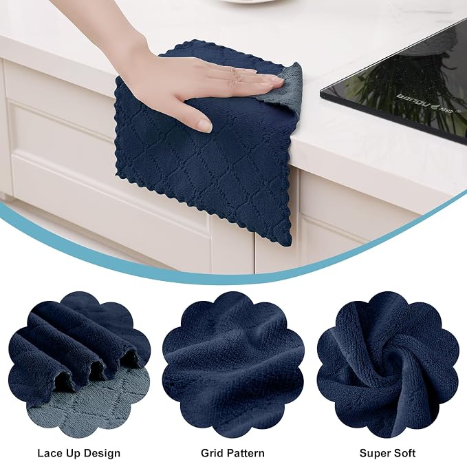 Homaxy 12 Pack Super Soft Dish Cloths, 10" x 10", Dark Grey & Navy Blue | Coral Velvet, Nonstick Oil Fast Drying Microfiber Cleaning Cloth, No Lint Household Dishcloths