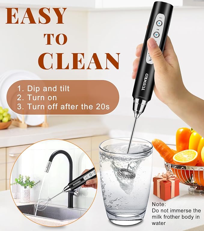 YUSWKO Handheld Milk Frother Wand for Coffee, Rechargeable Electric Whisk with 3 Heads 3 Speeds Drink Mixer Coffee Frother For Latte, Cappuccino, Hot Chocolate, Egg, Black with Holder