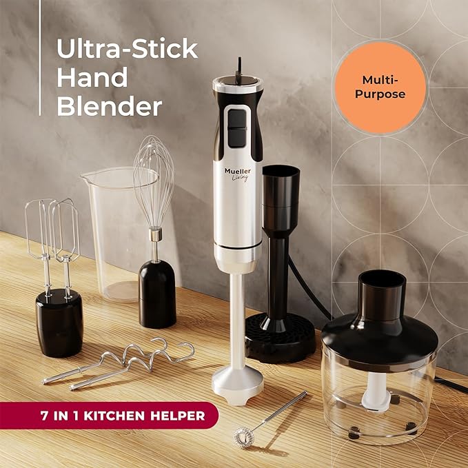 MuellerLiving Immersion Hand Blender Full Set - 8 Speed Immersion Blender, Hand Mixer with 7 Attachments: Stainless Steel Blade, Whisk, Milk Frother, Beater, Mixing Hooks, Potato Masher, Chopper Bowl | Mixer with 7 Attachments: Stainless Steel Blade, W...