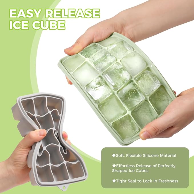 4 Pack Silicone Ice Cube Trays, Easy Release Ice Trays for Freezer with Lid | Reusable and Stackable Ice Trays for Freezer for Cocktail, Whiskey, Baby Food, BPA Free (green)