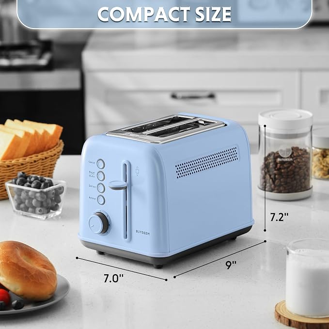BUYDEEM DT620 2-Slice Toaster, 7 Shade Settings, Extra Wide 1.5'' Slots for Bagel & English Muffin, 6 Toasting Functions, Retro Stainless Steel Toaster with High Lift Lever, Blue
