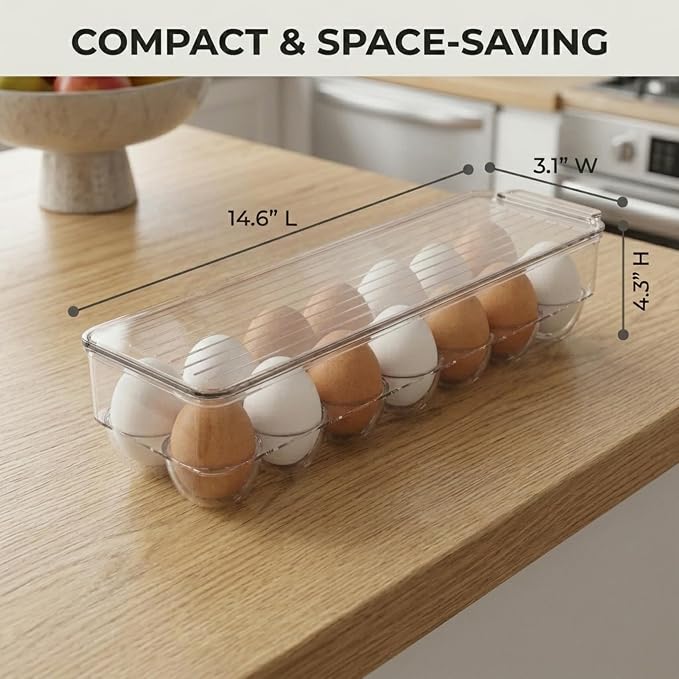 American Dream Fridge Bin Egg Holder for Refrigerator, 14-Egg Storage Container with Lid, Stackable BPA-Free Plastic Organizer Tray for Kitchen Fridge – Clear