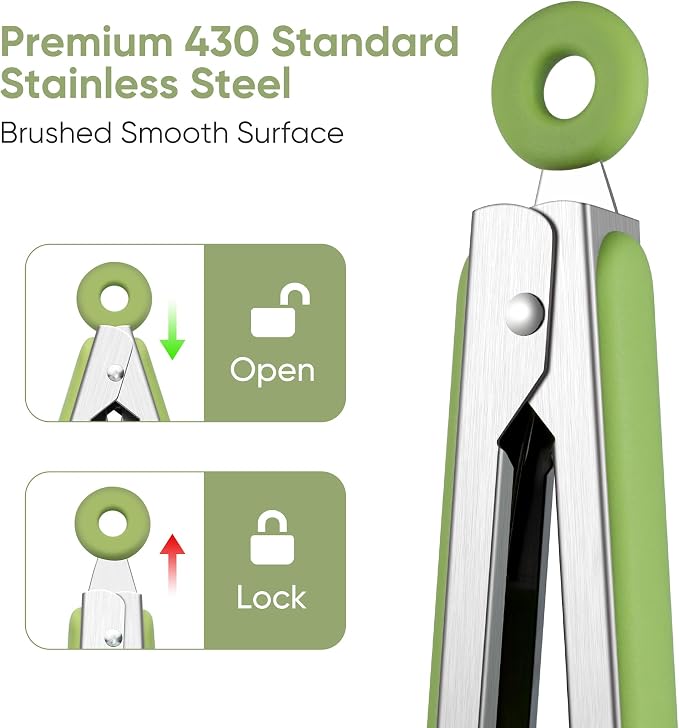 12 Inch Cooking Tongs, Stainless Steel Kitchen Tongs with Silicone Tips | 2-in-1 Design with 0.5oz Measure Spoon | for Cooking, Grilling, BBQ, Salad, Buffet, Serving | 12", Green