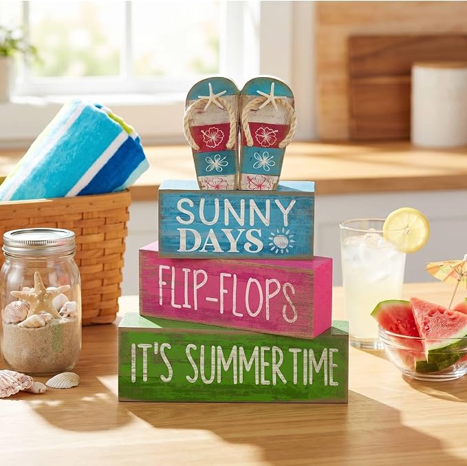 Lineshading 4 Pcs Flip Flop Beach Summer Wooden Block Signs Table Decor | Coastal Tiered Tray Decorations, Farmhouse Rustic Tabletop Display, Flip Flop Theme with Sayings Sunny Days Summertime