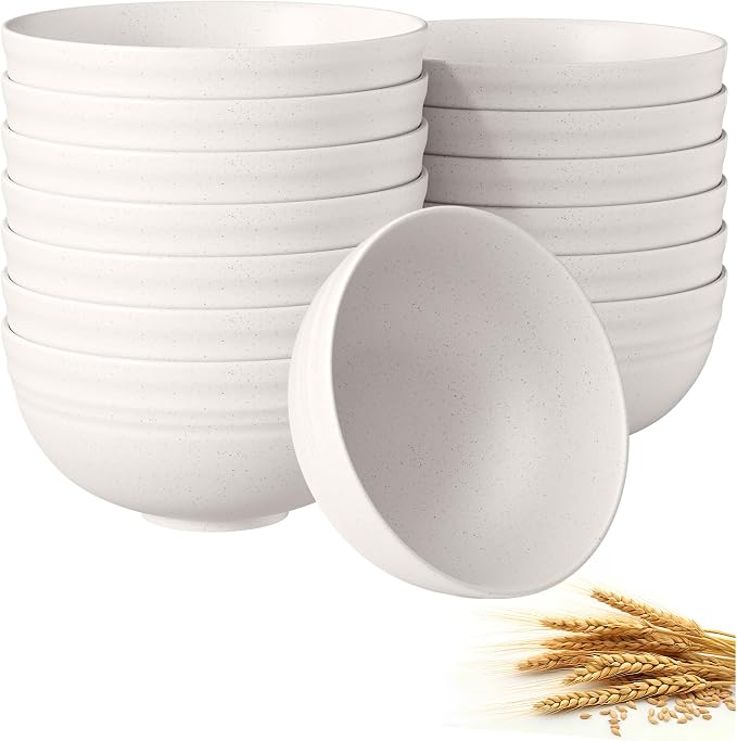 Quatish 14 PCS Unbreakable Cereal Bowls,Dishwasher & Microwave Safe Wheat Straw Bowls, Easy-to-Clean Lightweight Desserts & Soup Bowl, Portable for Picnics ，Snack Plastic Bowls Set,Beige