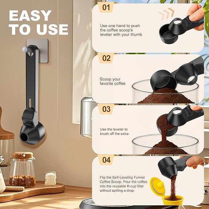 Coffee Scoop & Funnel for Reusable K Cup Refillable Coffee Pods,Mess-Free Measuring Spoon 2 TBSP Capacity for Ground Coffee, Protein Powder & Tea, Funnel Design without Spilling(1, Black)