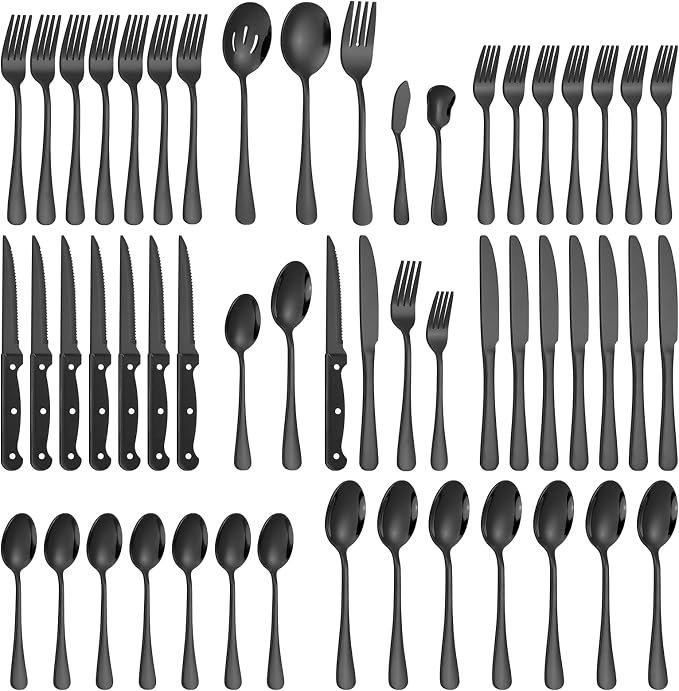 Lazycorner 53 Piece Black Silverware Set for 8, Flatware Set with Steak Knives for 8 and 5 Serving Use Set 18/10 Stainless Steel Serving Utensils Set Cutlery Set For Restaurant Hotel Dishwasher Safe
