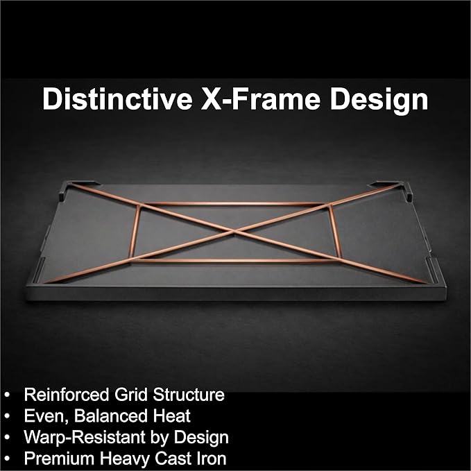 QuliMetal 23 x 16 Inch Cast Iron Griddle for Gas Grills and Stove Tops | Universal flat-top griddle with pre-seasoned coating and X-shaped reinforced base for camping, tailgating and backyard BBQs