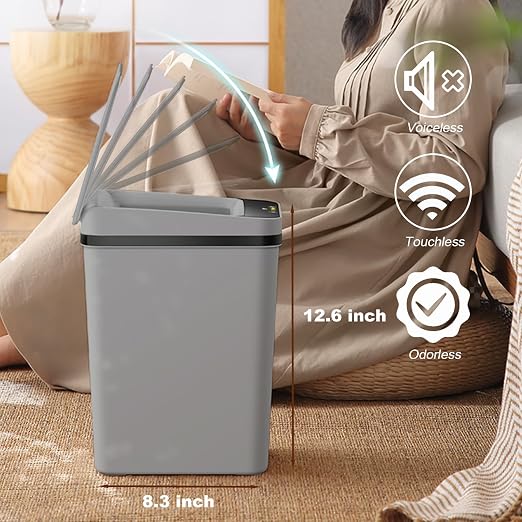 2 Pack - 2.5 Gallon Motion Sensor Bathroom Trash Can - Slim Smart Trash Can | Skinny Trash Bin with Lid - Electric, Narrow, Plastic, Auto Open - Small Automatic Garbage Can ( Grey )