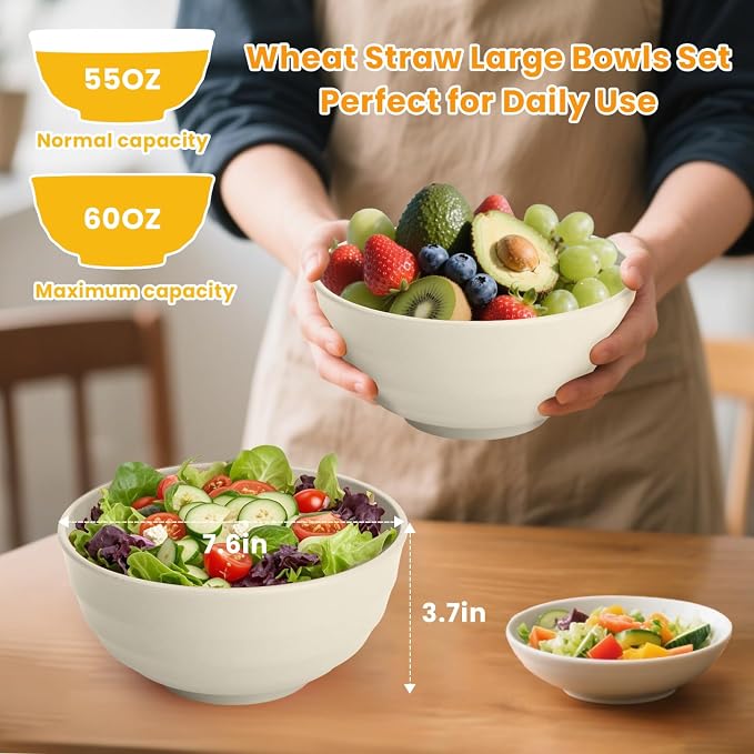 Unbreakable Large Salad Bowls Set of 6, 60oz Large Wheat Straw Bowls for Cereal, Salad & Pho, Ideal for RV & Camping, Microwave Safe Alternative to Plastic Bowls - Beige