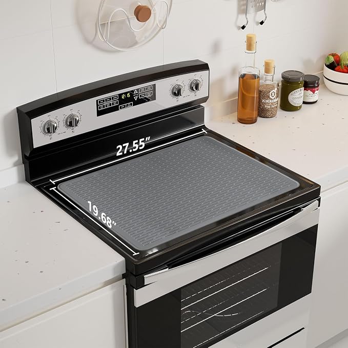 Stove Top Cover for Electric Stove - Food Grade Ceramic Stove top Cover, Silicone XXL Dish Drying Mat, Glass Cooktop Covers, Flat RV Range top Mats (Gray Thickened,28x20)