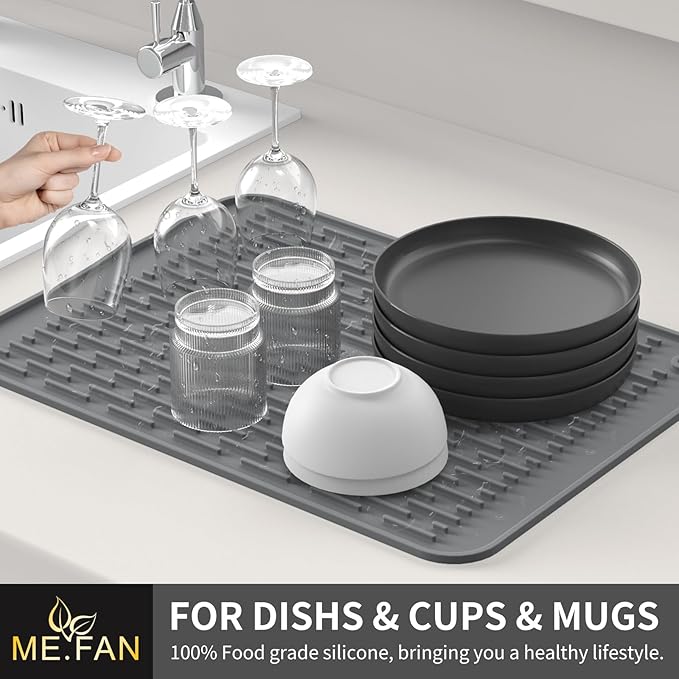 ME.FAN Silicone Dish Drying Mat for Kitchen Counter, Dish Drying Pad for Sink, Refrigerator or Drawer, Countertop Protection Pad XL - 23''×17'' - Grey