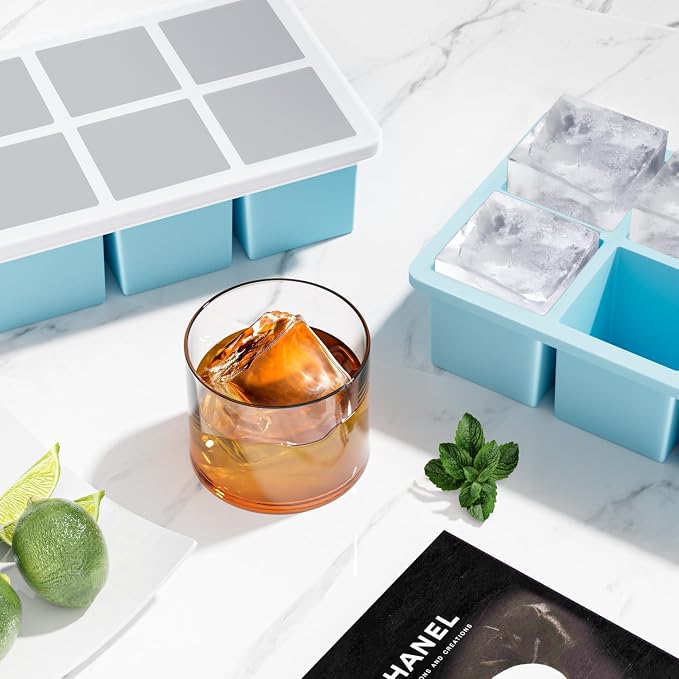 Large Ice Cube Tray for Whiskey: FDDBI Silicone Ice Cube Trays with Lid - 2Pack Big Square Old Fashioned Ice Cube Maker for Cocktail - 2inch Huge Cubed Ice Trays for Whisky