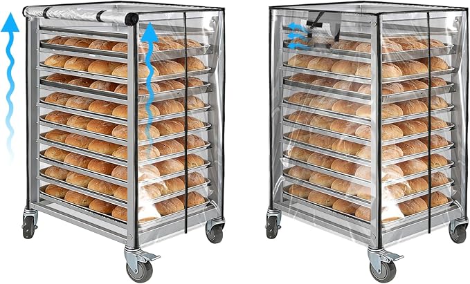 Bun Pan Sheet Rack Cover,Bread Speed Rack Cover with Zipper,Commercial Bakery Racks, 23"x28"x32"Clear PVC Waterproof Dustproof Bread rack Cover with Breathable Mesh Vent (10-Tier TPU)