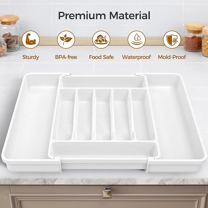 ukeetap Extra Large Expandable Silverware Organizer, Flatware Tray,White | BPA-Free Food-Safe Kitchen Utensil Cutlery Drawer Organizer, Adjustable Silverware Holder for Spoons Forks Knives