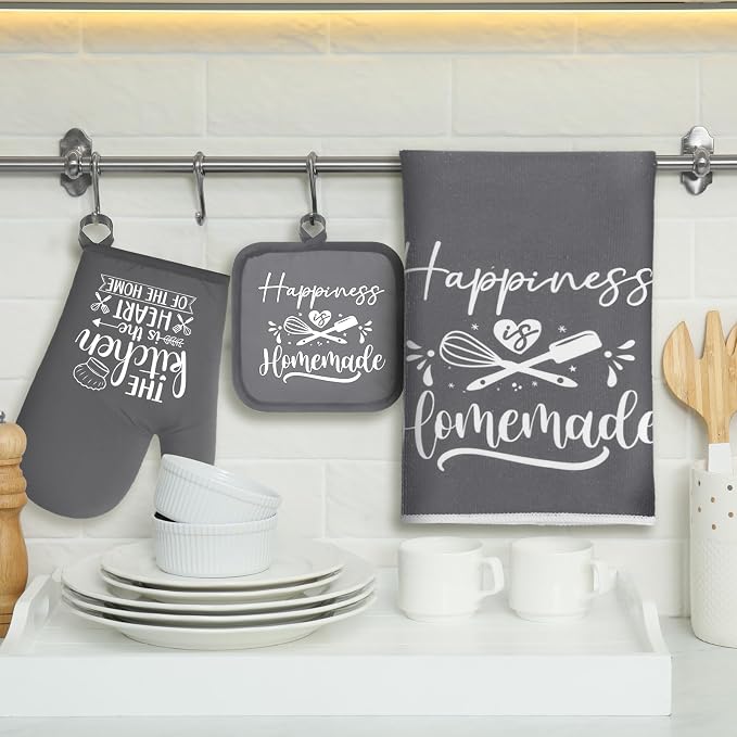 Sratte 6 Pcs Kitchen Decor Accessories Set, Kitchen, Dark Gray | Farmhouse Kitchen Towels Pot Holders Oven Mitts Set 2 Dish Towels 2 Potholders 2 Cooking Mittens for Baking Cooking Supply