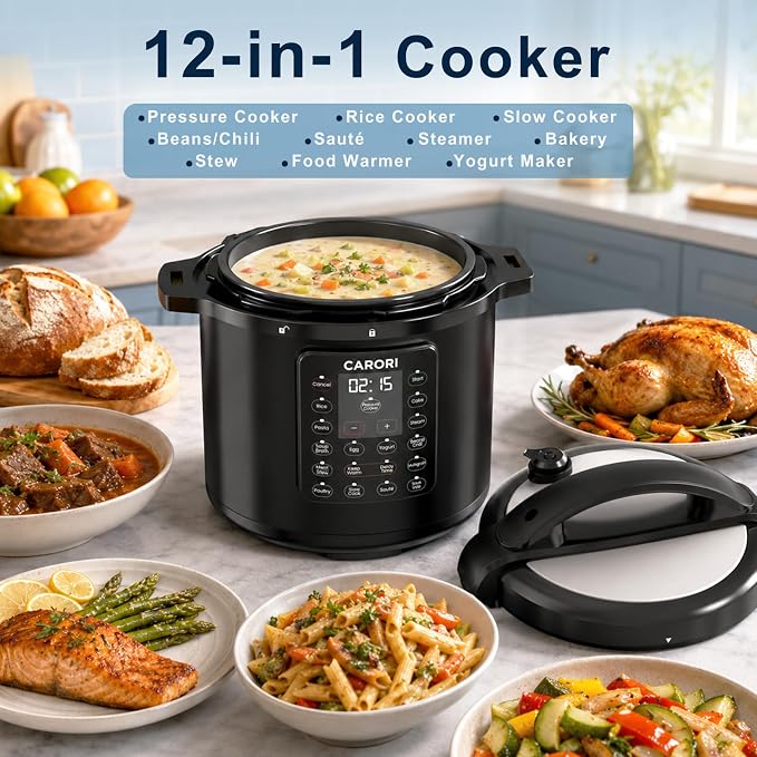 8Qt Electric Pressure Cooker 12-in-1, 1200W Stainless Steel Multi-Cooker, Slow Cook, Rice Cook, Steamer, Sauté, Yogurt Maker, Warmer & Sterilizer, Safer Venting Design with Recipe Book, Black