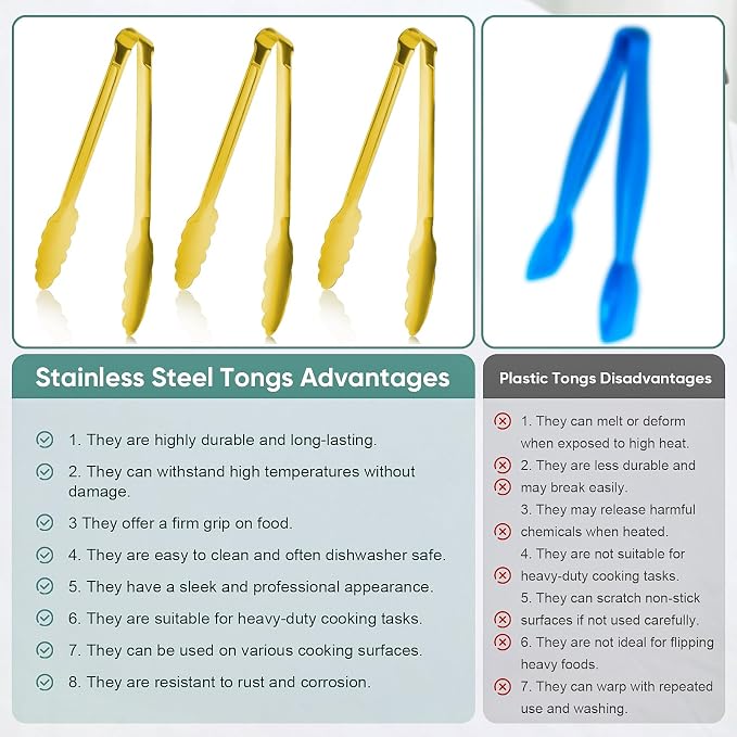 Buffet Tongs 7'' Inches Serving Tongs Heavy Duty Stainless steel Kitchen and BBQ Utility Tong Pack of 12 (Gold, 7inch)