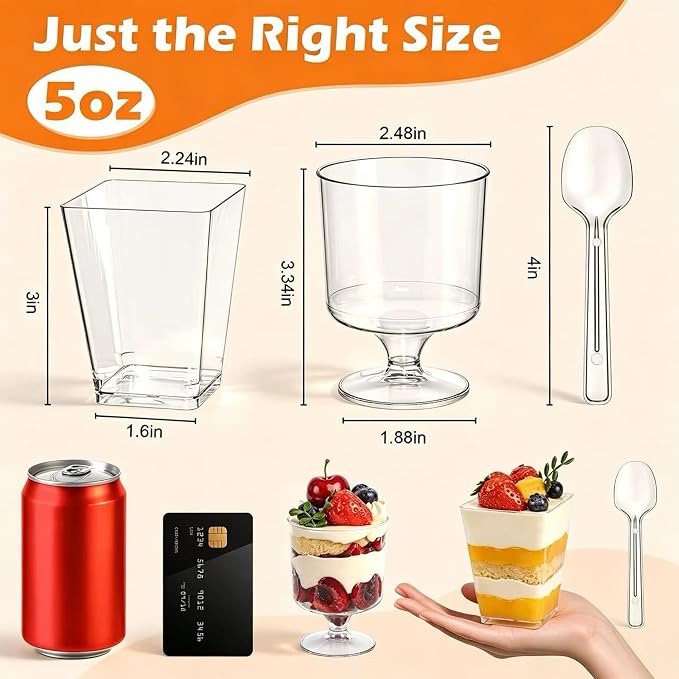 430-Pack 5oz Disposable Clear Dessert Cups with Lids and Spoons | Parfait Cups, Mini Shooter Cups, Square Appetizer Cups, For Party Ice Cream Yogurt Pudding