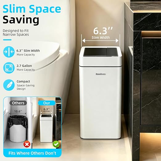 2.7 Gallon Slim Bathroom Touchless Trash Can, Automatic Smart Trash Can with Air-Press Bag Expander, Sensor Lid Waste Bin for Bedroom, Office & RV, White