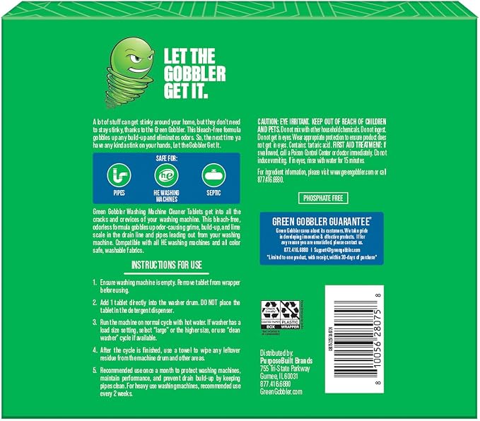 Green Gobbler Premium Washing Machine Cleaner & Deodorizer Tablets with Pipe, Drain & Hose Clean Technology | Front & Top Load Washers | 28 Count (Pack of 2)