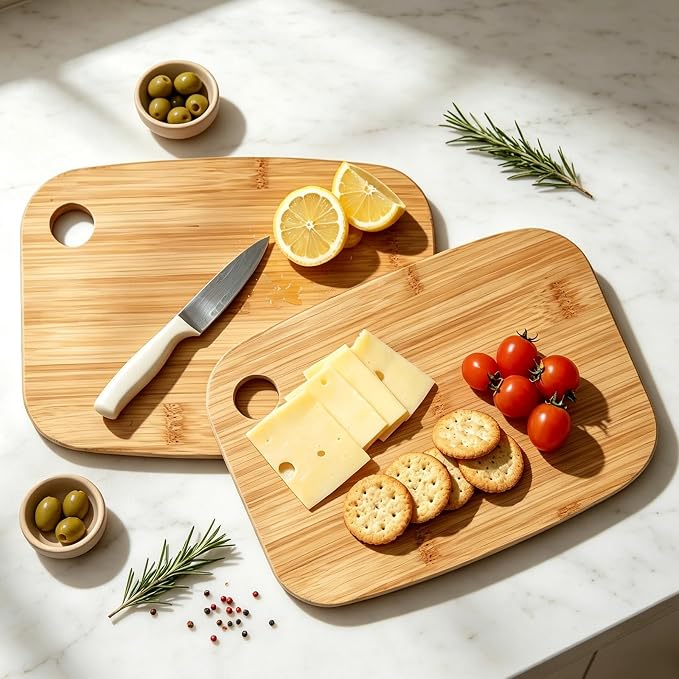 2 Pack Small Bamboo Cutting Boards Set for Kitchen with Hanging | Mini Bamboo Cutting Board Set of 2 for Vegetables, Fruit, Bread, Meat - BPA Free, 9" x 6.5"
