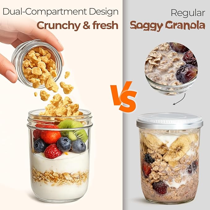 ComSaf Overnight Oats Containers with Lids, 16 oz Glass Mason Jars, 2 Pack | Dual-Layer Design, Yogurt Parfaits, Chia Pudding, Cereal, Fruit and Nuts, Reusable Breakfast Prep