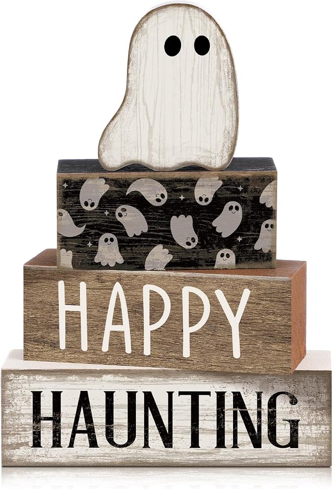 Lineshading 4 Pcs Happy Haunting Wood Blocks, Halloween Farmhouse Decor | Rustic Stacking Blocks for Tiered Tray, Wood Signs with Ghost Theme, Tabletop Display for Home Shelf, Farmhouse Style