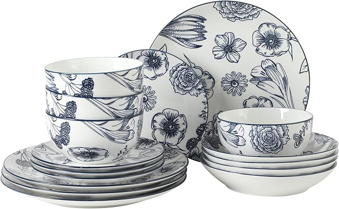Gibson Home Westerly Court 16-Piece Dinnerware Set, Blue Floral Stoneware Plates & Bowls, Service for 4, Round Durable Everyday Dish Set
