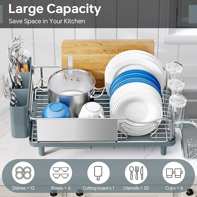 Urackify Dish Drying Rack - Stainless Steel Dish Rack with Auto Drain, Blue | Rustproof Dish Drainer with Cutlery Holder & Auto Drain, 16.9" L x 12.4" W Big Load for Plate Dish Sliverware, Light Geen