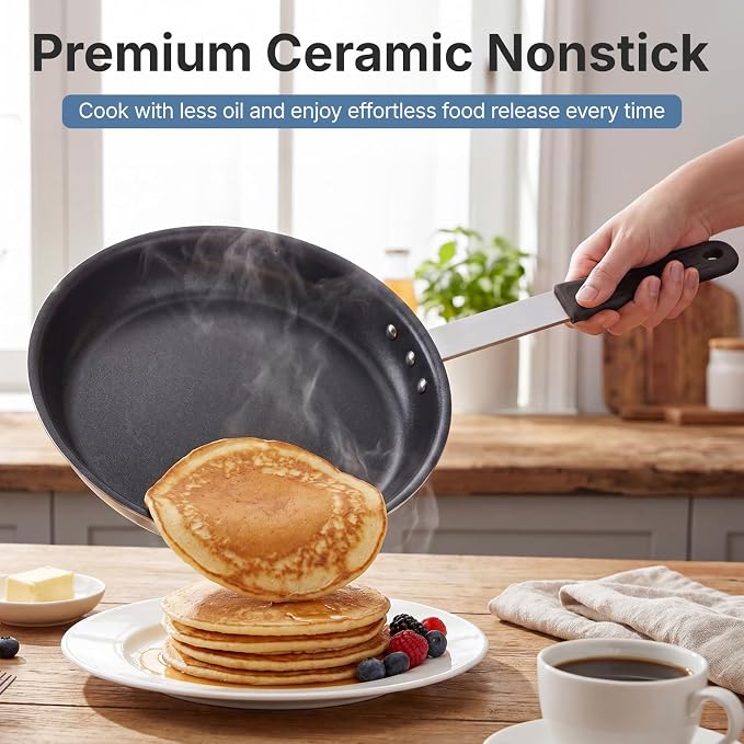 DUMOS 10 Inch Nonstick Frying Pan, Heavy-Gauge Aluminum Skillet with Ceramic Nonstick Coating & Stainless Steel Base, Omelet Pan for Induction, Electric, Gas, PFAS Free, Oven Safe, Black Handle
