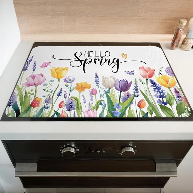 Spring Summer Glass Stove Top Covers for Electric Stove,Tulip Lavender Flower Floral Farmhouse Heat Resistant Cooktop Protector Non-Slip Washable Dish Drying Mat Rug Pad for Kitchen Decor 28"x20"