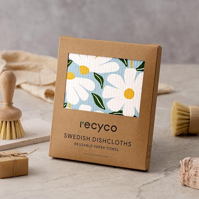 RECYCO Swedish Dishcloths for Kitchen | 5 Pack Daisy Dreams Washable Dish Rags | Cellulose Reusable Cleaning Paper Towels | Absorbent Counter Dish Cloth Sponge Kitchen Wipes, 8" L x 7" W