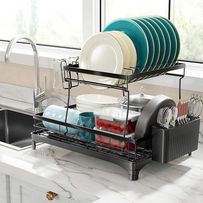 Simple Trending Dish Drying Rack, 2-Tier with Utensil Holder, Black | Stainless Steel Dish Rack for Kitchen Counter, Large Capacity Dish Drainer Organizer, Automatic Drainage, 17"D x 12"W x 15"H