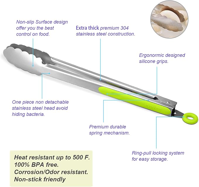 304 Stainless Steel Kitchen Cooking Tongs, 14 & 16 Inch, Set of 2, Green | Locking Food Tongs with Non-slip Grips and Hanging Loops for Cooking, Grilling, BBQ and Serving, Dishwasher Safe